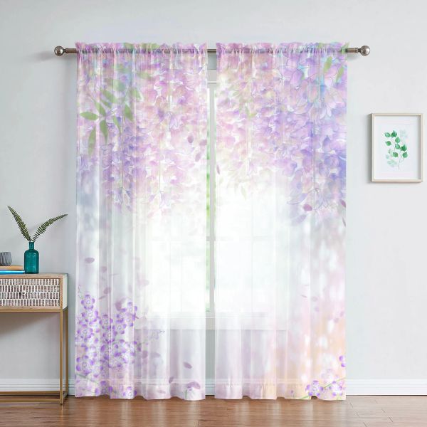 Cortinas Acuarela Floral Cortina de gasa transparente para sala de estar Comedor Dormitorio Cortina Cocina Ventana Cortina de tul de gasa transparente