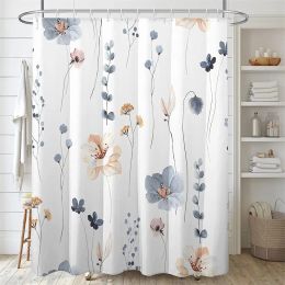 Rideaux de douche à fleurs aquarelle, motif de fleurs bleu beige, imperméable avec crochets, décoration de salle de bains en tissu
