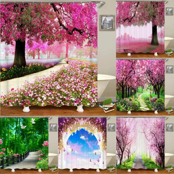 Rideaux Tissu imperméable 3D rideau de douche salle de bain rideau rose arbre paysage Polyester rideau de bain décorer avec crochets cortina