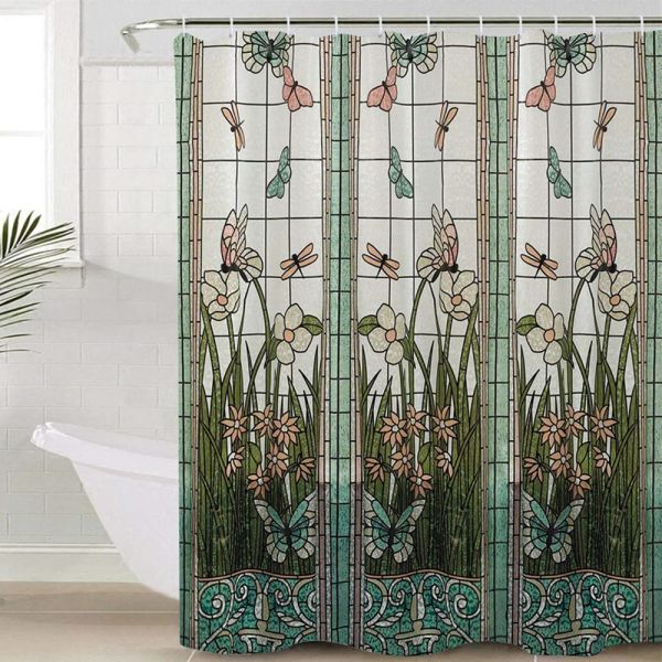 Rideaux Rideau de douche imperméable vitrail fleur de prairie libellule tissu Polyester rideau de bain maison hôtel salle de bain rideau de douche
