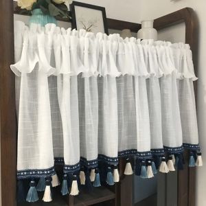 Cortinas de café blanco para puerta, cortina de algodón, tela de encaje, Pastoral, ventana, cocina, tienda, partición, borlas, cortinas cortas para sala de estar