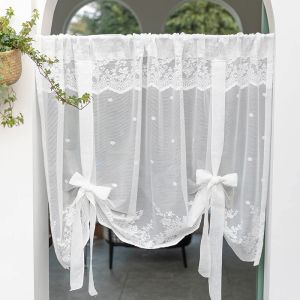 Rideaux Rideaux romains en dentelle blanche pour café de cuisine, jacquard floral court transparent, adorables rideaux à nœud papillon, rideaux de ballons lifables