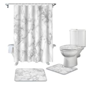 Rideaux de salle de bain Texture marbre blanc, ensemble de tapis de bain, rideaux de douche avec crochets, tapis de piédestal antidérapant, couverture de toilette