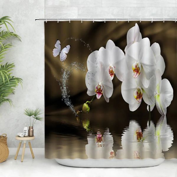 Rideaux Blanc Orchidées Fleurs Rideau De Douche Ensemble Phalaenopsis Surface De L'eau Floral Paysage Naturel Salle De Bains Rideaux Crochets Décorer La Maison