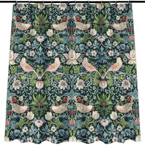 Rideaux William Morris Strawberry Thief Flower Pattern Print Tissu Rideau de douche Salle de bains Décoratif Design original Vert avec crochets