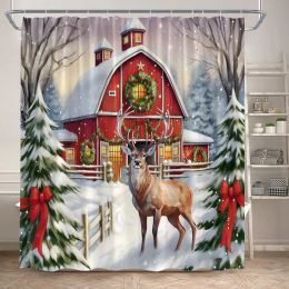 Gordijnen Winter Kerst Douchegordijn Bos Boerderij Elanden Ceder Besneeuwde Scène Kerstmis Nieuwjaar Muur Opknoping Badkamer Decor Doek Gordijnen