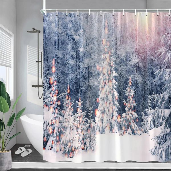 Rideaux Rideau de douche forêt d'hiver scène de neige naturelle cèdres noël maison rideaux en tissu Polyester décor de salle de bain avec crochets