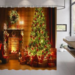 Rideaux de douche décoratifs de Noël, cheminée, arbre de Noël, cadeau d'hiver, nouvel an, décoration de salle de bain, tissu de bain, mur suspendu