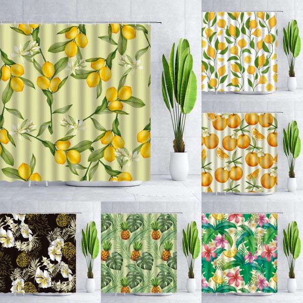 Cortinas Cortina de ducha de piña y limón amarillo, decoración de baño, planta tropical, hojas de flores, tela de frutas, cortinas para bañera, conjunto de pantalla