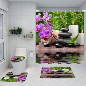 Rideaux zen de douche rideau ensemble violet orchidée noire noire en bambou jardin jardin décor de salle de bain décor de tapis de bain non glissé couvercle de toilette de toilette