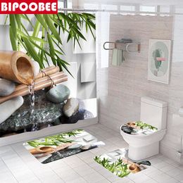 Rideaux Zen pierre feuille de bambou ensemble de rideau de douche tapis antidérapant Durable tapis de bain motif d'eau qui coule rideaux de salle de bain couverture de toilette