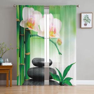 Rideaux Zen pierres orchidées fleur vert bambou Tulle rideaux pour salon chambre décor Transparent pure Voile rideau de fenêtre