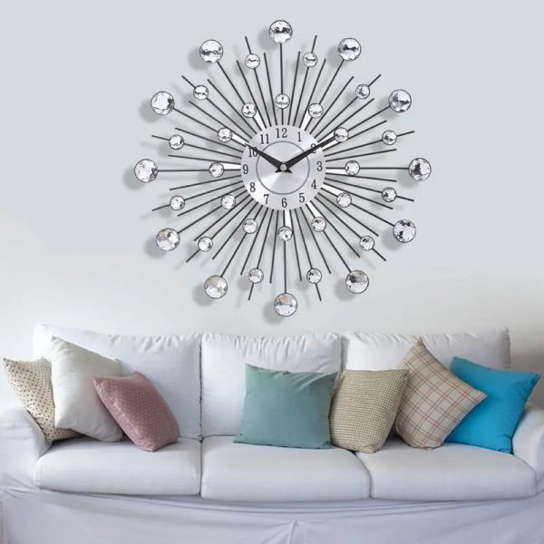 Cojín 33 cm Sier Crystal Beaded Jeweled Round Sunburst Metal Reloj de pared Diy Large Morden Reloj de pared Diseño Habitaciones para el hogar Decoración de oficina