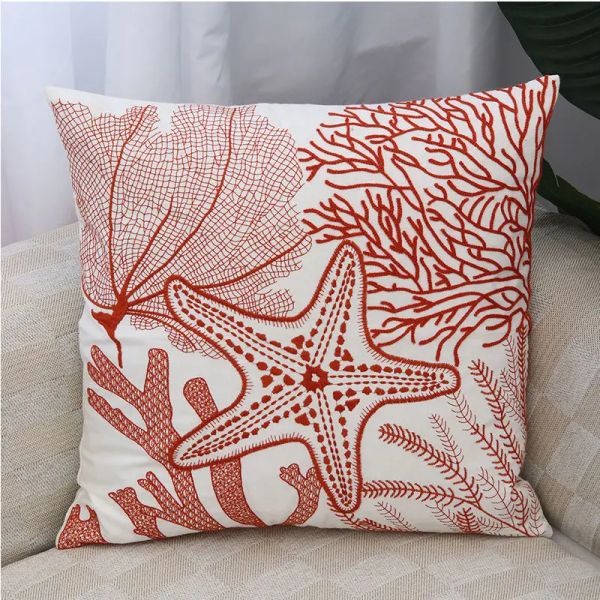 Coussin plage mer étoiles de mer de corail feuilles brodées de taie de dos coussin de coussin de coton décontracté canapé canapé-chambre de décro 45x45cm