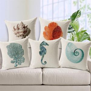 Housse de coussin Hippocampus Starfish Oreillers Case Coton Lin Capa Para Almofadas Style Nautique Peint À La Main Oreiller Décoratif Cov2358