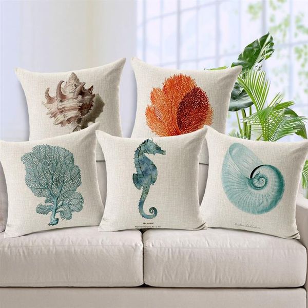 Housse de coussin Hippocampus Starfish Oreillers Case Coton Lin Capa Para Almofadas Style nautique Peint à la main Oreiller décoratif Cov204q