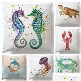 Housse de Coussin Doux Super Lin Taie d'oreiller Privé Rectangar Hippocampe Tortue Poisson Bel Animal Canapé Drop Delivery Maison Jardin El Su Dhbk4