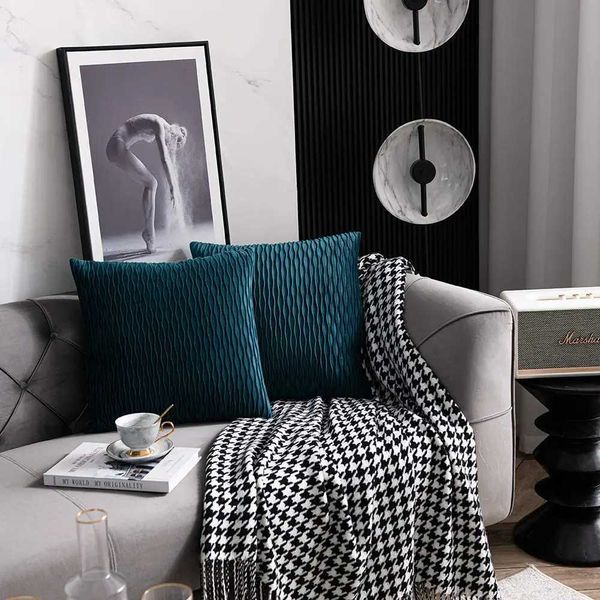 Coussin / couverture en velours vert décoratif 45x45 couvercle de coussin motif d'onde de couleur solide pour canapé salon canapé chaise de bureau nordique décoration intérieure