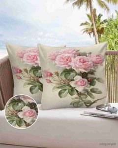 Kussen/Decoratieve Outdoor Waterdichte Kussenhoes Roze Bloem Roos Vintage Gooi Cover Case Voor Sofa Auto Woondecoratie R230630