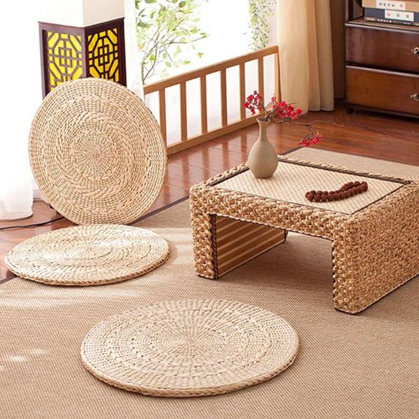 Coussin / oreiller décoratif 45cm / 40cm / 30cm Cattails tricotés Coussin de siège plat Tapis de sol épais fabriqué à la main pour la pratique du yoga zen Paille naturelle