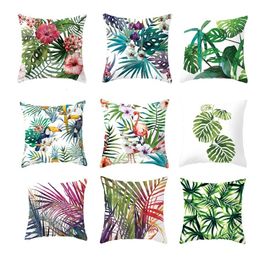 Coussin Oreiller Décoratif 45X45 Plantes Tropicales Taie D'oreiller Décoratif Oiseaux Imprimer Polyester Cas Feuille Verte Fleur Canapé Couverture 230727