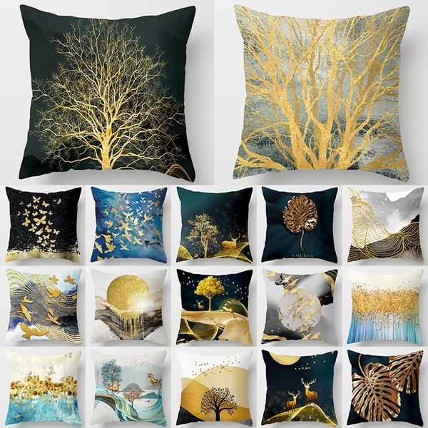 Coussin Oreiller décoratif 45x45cm Case Golden Tree Forest Polyester Throw Housse de coussin Voiture Décor à la maison Canapé-lit Étui décoratif 230419