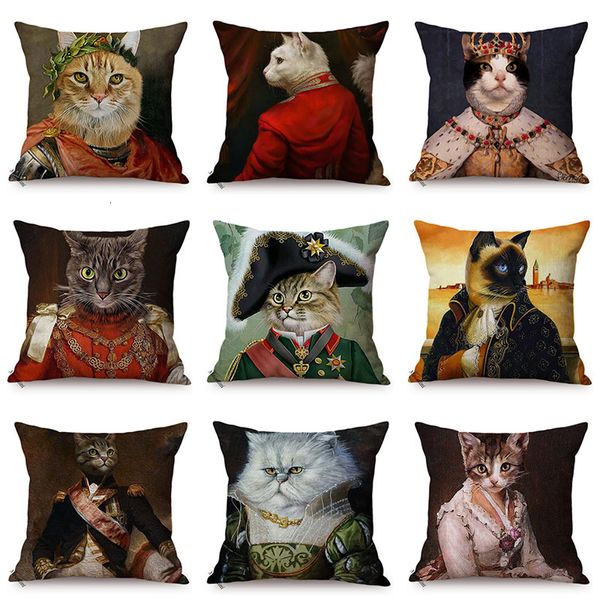 Cojín almohada decorativa 45x45 cm gato retrato general imitar famosa pintura al óleo arte funda de cojín decorativa nórdico funky animal estilo sofá funda de almohada 230419