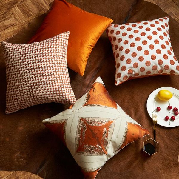 Coussin/oreiller décoratif 45x45CM housse de coussin de luxe nordique Orange velours point motif géométrique taie d'oreiller décoration maison