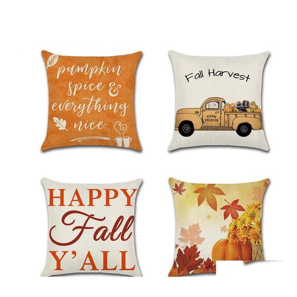 Coussin / Oreiller Décoratif 45X45Cm Taie D'oreiller Lin Er Happy Fall Thanksgiving Day Soft Case Coussin Home Decor Vt0127 Drop Delivery Dhnm4