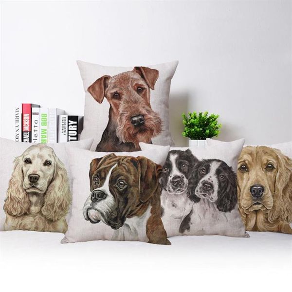 Cojín decorativo Almohada Airedale Terrier Funda de cojín Labrador Dog Collie Funda de almohada Decoración Beige Lino Blanco Poliéster 45X45cm 219A