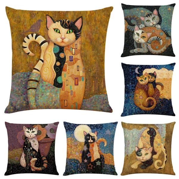 Coussin Oreiller Décoratif Art Mural Chat Impression Lin Taie D'oreiller pour Canapé Animal Design Vintage Couvre 45x45cm Décoratif À La Maison Housse De Coussin 230727