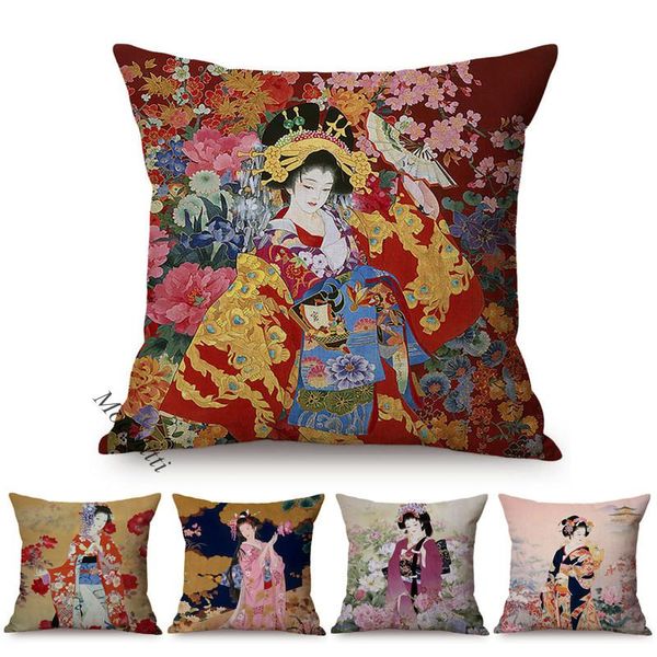 Coussin / Oreiller décoratif Belle tradition ethnique du Japon Femme Portrait Housse de coussin Vintage Aquarelle Art Décoration Canapé Jeter Cojine