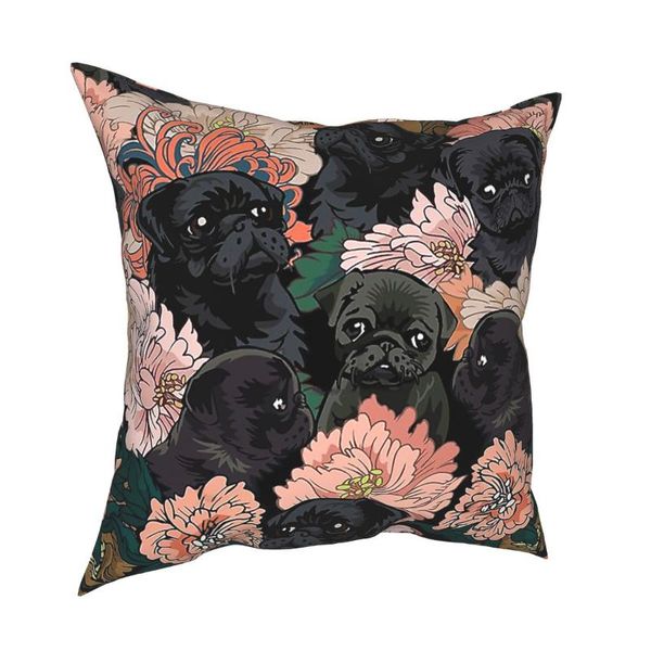 Coussin / oreiller décoratif Couverture de fleur de carlin noir Accueil Coussins de chien décoratifs Jeter pour voiture Polyester Impression recto-verso Loisirs