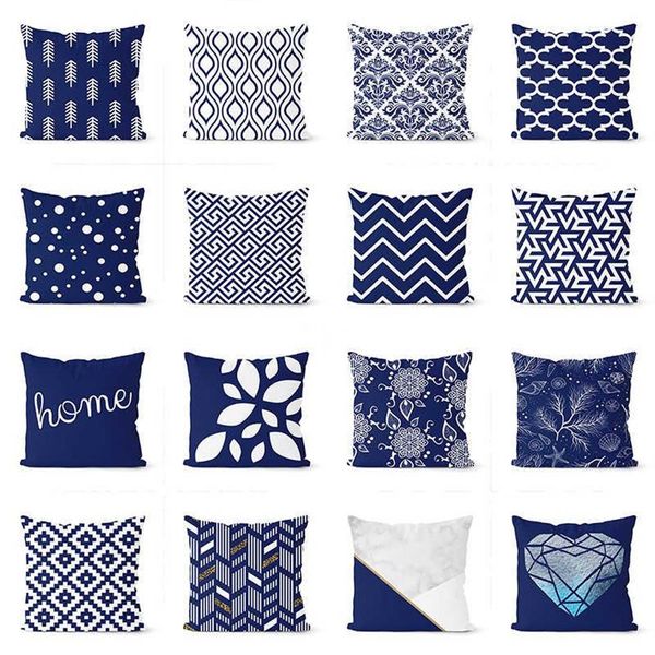 Cojín decorativo Cojín azul marino Funda de cojín 45 45 cm Poliéster Cojines decorativos geométricos Decoración del hogar Throw Pillowcase236n