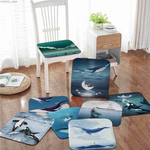 Kussen/decoratief kussen blauw waterverf marien dieren vier seizoenen zitkussen kussen kussen dineren kruk kussen spons sofa mat non-slip sofa decor tatami y240401