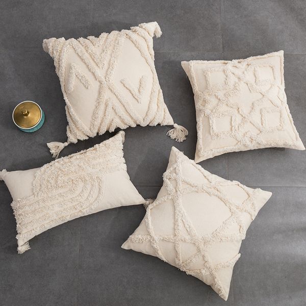 Cojín/Almohada decorativa Bohemio Algodón marroquí Tufted Bordado Funda de almohada Sofá Cojín Tassel CoverCushion/Decorativo