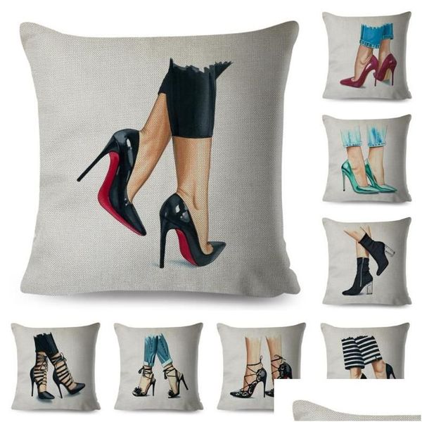 Coussin / oreiller décoratif Dessin animé Lady Chaussures à talons hauts Coussin d'impression ER Taie d'oreiller de mode décorative pour canapé de voiture Accueil Polyester Ca Dhibz