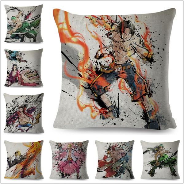 Coussin/Oreiller Décoratif Encre de Chine One Piece Luffy Ace Taie d'oreiller Housse de Coussin pour Canapé Maison Voiture 45x45cm Décor Lin Japon Anime Dessin Animé