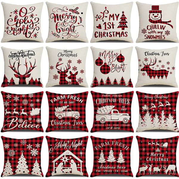 Cojín / almohada decorativa Navidad rojo y negro cubierta de cojín a cuadros 45x45 cm casa de campo decoración del hogar cubiertas de lino alce muñeco de nieve almohada de copo de nieve