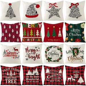 Coussin / oreiller décoratif Taie d'oreiller décorative d'arbre de Noël Housse de coussin à carreaux rouges 45x45 Lettre Taie d'oreiller en lin Coussins de canapé Oui