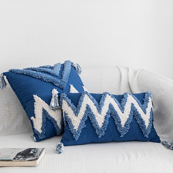 Coussin / Coussin d'oreiller décoratif Housse de coussin faite à la main de style marocain abstrait Zigzag bleu marine jaune carré rectangle taie d'oreiller décor à la maison 45x4