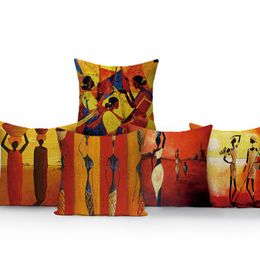 Cojín/almohada decorativa funda de cojines decorativos estilo africano pintura al óleo patrón de buena vida funda de cojín de sofá de poliéster para el hogar L