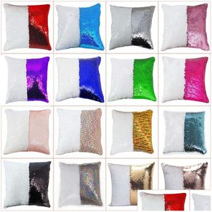 Coussin / Oreiller décoratif DHS 12 couleurs Paillettes Sirène Coussin Coussin Sublimation Magique Cas Vierges Transfert Impression DIY Personnaliser Dhhy5