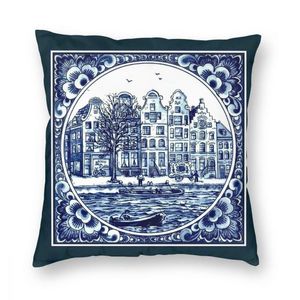 Cojín / almohada decorativa Dutch Blue Delft Vintage Boats Print Throw Cover Cojines de poliéster para sofá Fundas de cojines divertidos
