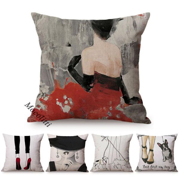 Cojín / almohada decorativa Mujer elegante pintura al óleo arte decoración del hogar habitación sofá fundas nórdica moda sexy diosa chica lino cojines de cama