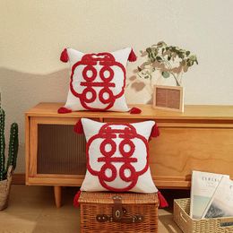 Coussin / oreiller décoratif broderie rouge housse de coussin salle de mariage chinoise taie d'oreiller décorative canapé chevet gland jacquard touffeté Ceremo