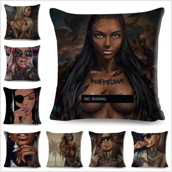 Cojín / Almohada decorativa Moda África Chica Funda de almohada Decoración Hermosa Dama negra Funda de cojín para sofá Coche Hogar Funda de poliéster 45x45cmCu