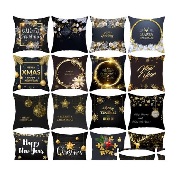 Cojín / Almohada decorativa Moda Negro Oro Navidad Funda de almohada Copo de nieve Impresión de letras Funda de almohada Feliz año Mti Style 4 2Jz H Dhrp3