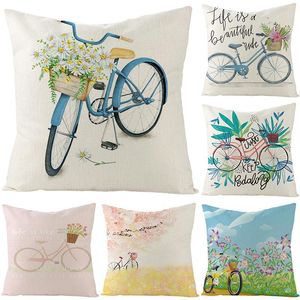 Cojín / almohada decorativa Patrón de bicicleta de flores Fundas de cojines Lino Impermeable Funda de almohada para el hogar Cubierta de sofá de coche Decoración a prueba de aceite
