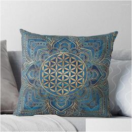 Coussin / Oreiller décoratif Fleur de vie dans Lotus Mandala - Canapés en marbre bleu et or Ers Er Drop Delivery Home Garden Textiles Otqmx